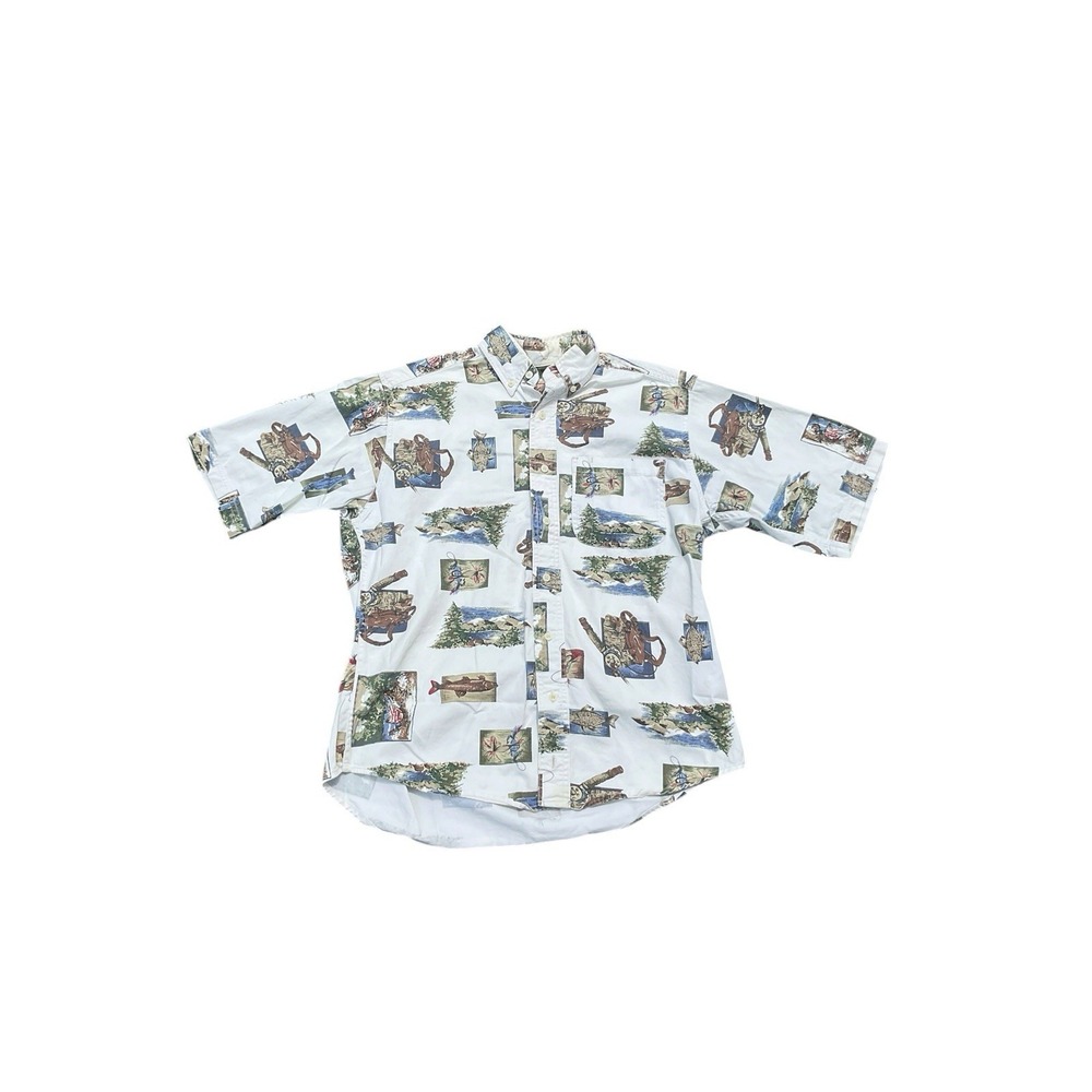 Woolrich Shirt Mens Medium Ivory Short Sleeve All Over Print Button Up